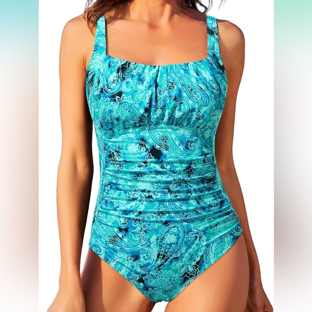 Aqua Eve- Turquoise Blue Paisley One Piece Swim Tummy Control -M NWT